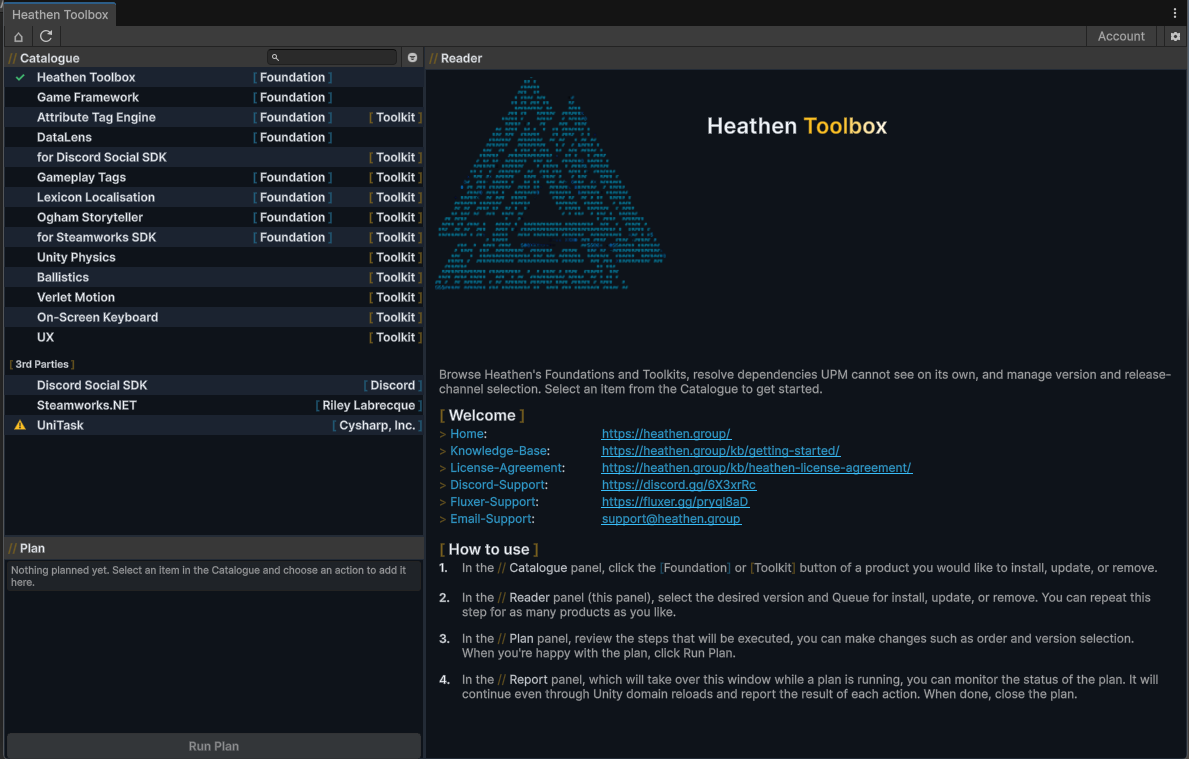 Heathen Toolbox window showing the Catalogue panel on the left and the Welcome/How-to-use panel on the right