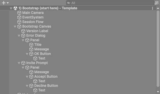 The Hierarchy of the bootstrap scene showing Main Camera, EventSystem, Session Flow, Bootstrap Canvas and Network.