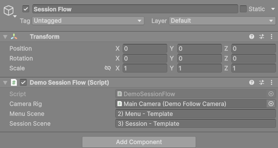 The Inspector for the Session Flow object with the Demo Session Flow component, a camera rig reference and two scene names.