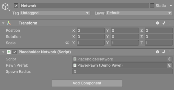 The Inspector for the Network object with the Placeholder Network component and a pawn prefab reference.