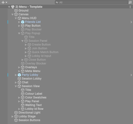 The Hierarchy of the menu scene showing the Menu HUD, Play popup with Create, Join and Quick Match buttons, Session Lobby, Session View and Session Buttons.