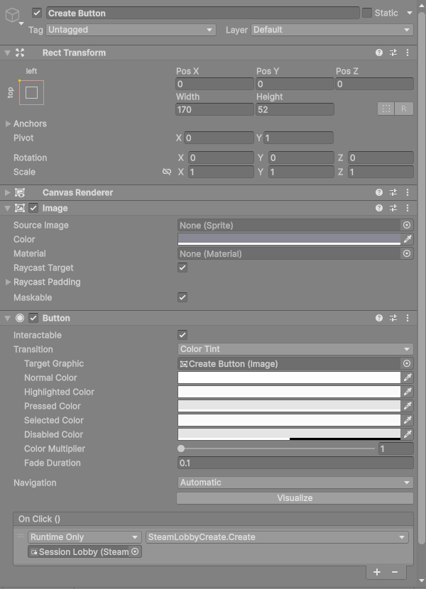 The Inspector for the Create button with its On Click list calling SteamLobbyCreate.Create on the Session Lobby object.