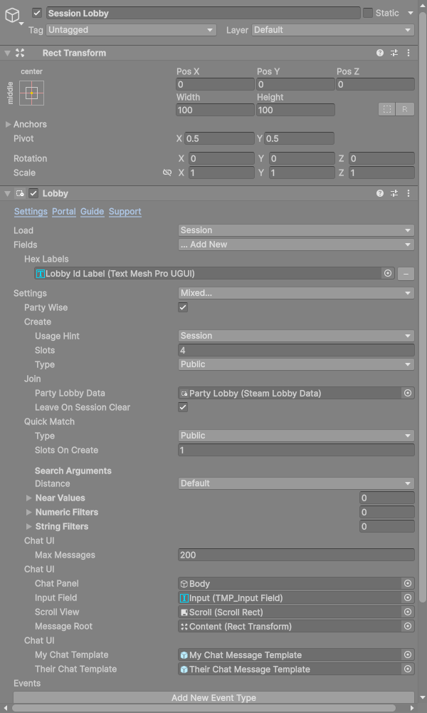 The Inspector for the Session Lobby object showing the Lobby panel with Load set to Session, four public slots, quick match and chat settings.