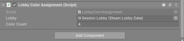 The Lobby Color Assignment component with a reference to the Session Lobby and a colour count of 4.