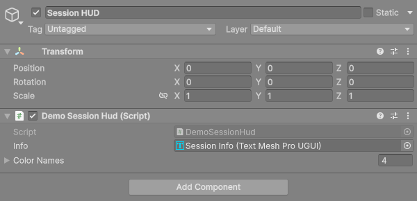 The Inspector for the Session HUD object with the Demo Session Hud component, an info label and four colour names.