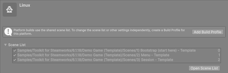 The Build Profiles window scene list with the bootstrap, menu and session scenes in that order.