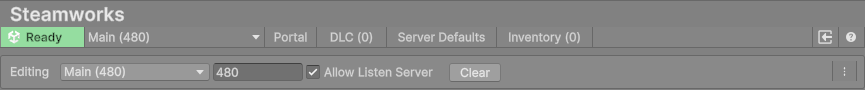 The Steamworks project settings toolbar showing the Ready badge, the app 480 selected and Allow Listen Server ticked.