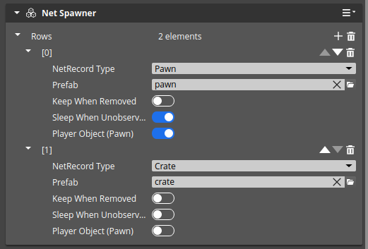 The Inspector showing the Net Spawner component with two rows, Pawn to the pawn prefab and Crate to the crate prefab.