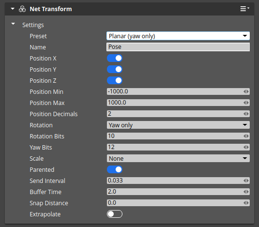 The Inspector showing the Net Transform component with its preset, position range and decimals, rotation bits, send interval, buffer time, snap distance and extrapolate settings.